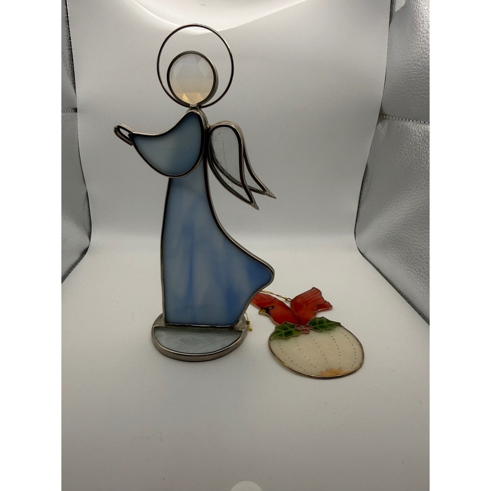 GHS Inc Stained Glass Angel Figurine Blue Marbled & Cardinal Ornament Set 8in